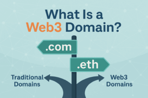 A_flat-style_digital_illustration_poses_the_questi - MacTech Solutions Illustration of a forked road with signs pointing to .com and .eth, symbolizing the difference between traditional and Web3 domains for businesses.