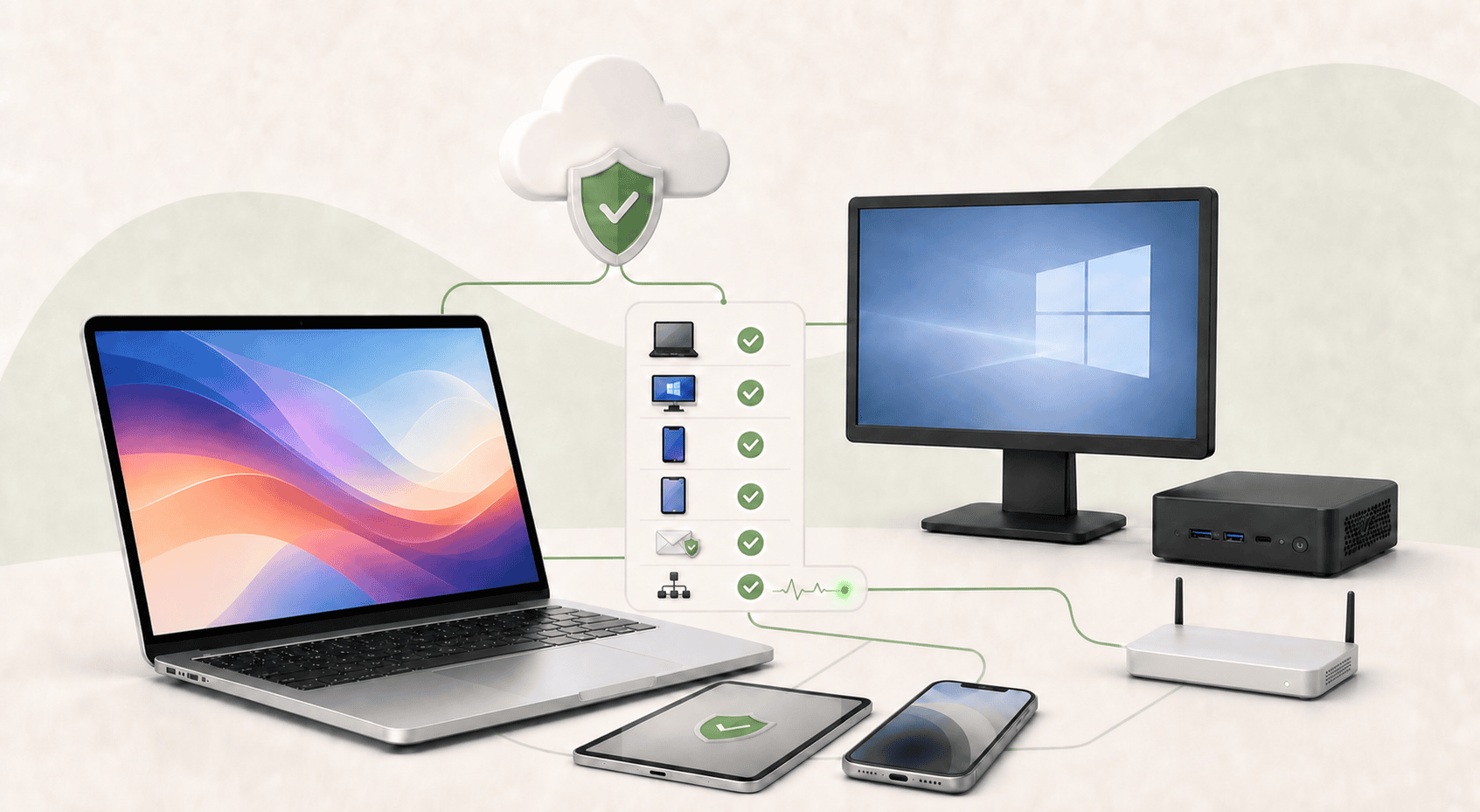 Managed IT ecosystem featuring Apple and Windows devices, protected email and cloud services, and an integrated wireless security appliance