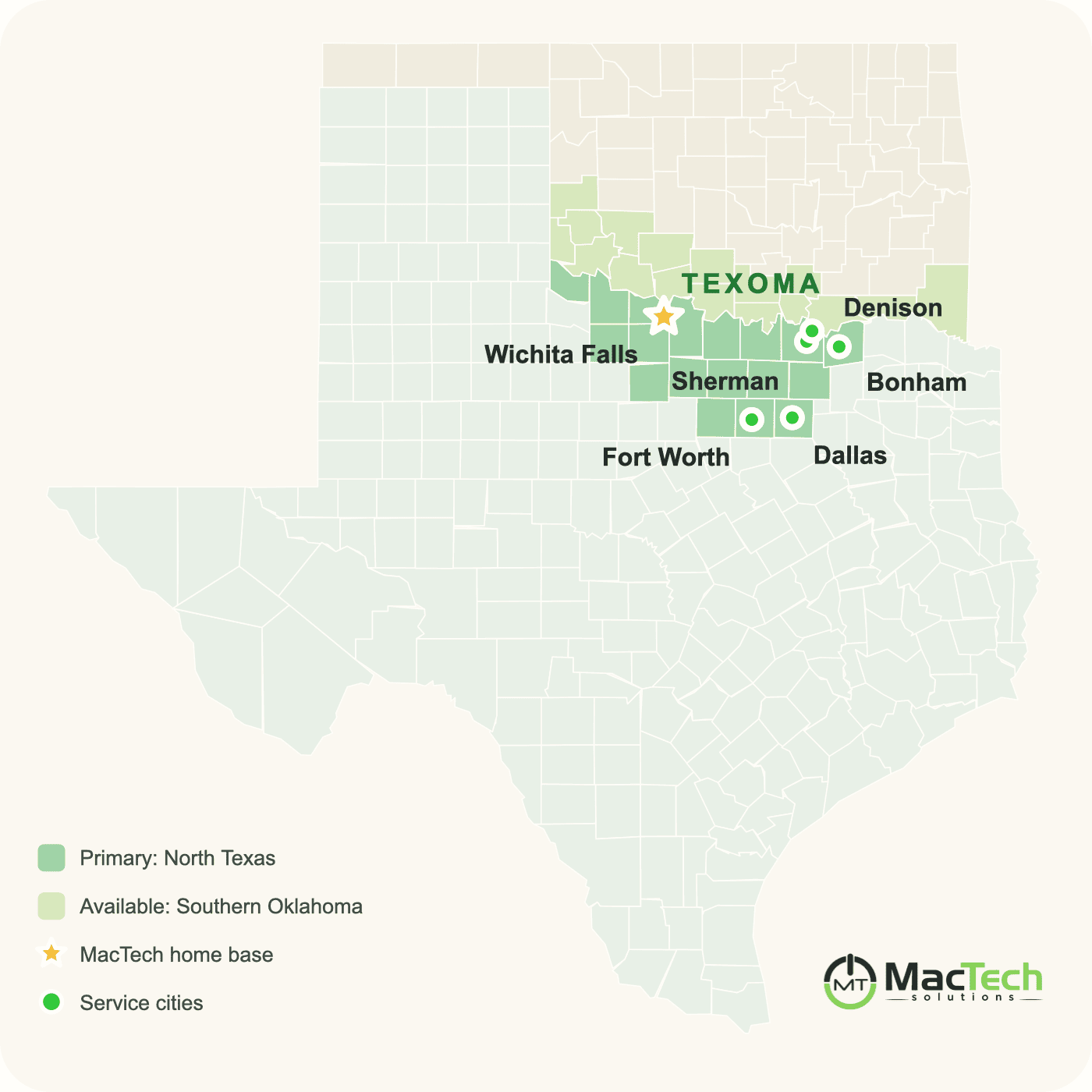 Texas and Oklahoma county map highlighting North Texas and southern Oklahoma, with Wichita Falls marked as MacTech's home base and service cities including Fort Worth, Dallas, Sherman, Denison and Bonham